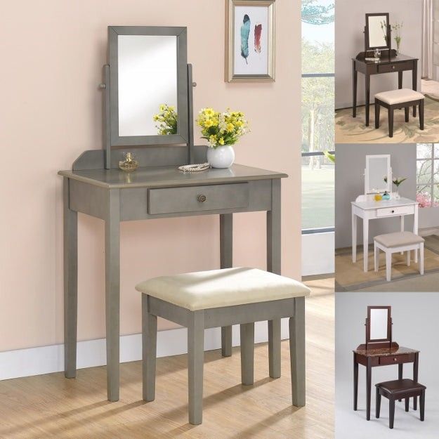 STYLISH IRIS VANITY TABLE & STOOL - GREY / ESPRESSO
