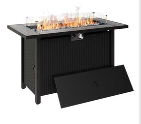45 inch Outdoor Propane Fire Pit 50,000 BTU Gas Fire Pit Table with Lid, Glass Wind Guard, Waterproof Cover, Rectangle Gas Firepit