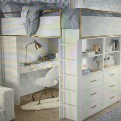 PotteryBarn teen: Blaire full  Loft Bed with Built-In Desk, Storage & Curtains – White/Blush