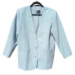 Vintage TanJay Light Teal Blue Button Front Blazer w Shoulder Pads Grandmacore