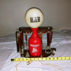 Vintage Whiskey Jug Jar Lamp & Bar Drink Set On Wooden Base Rare Antique