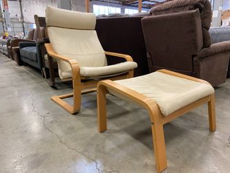 IKEA Poang Ivory Leather Stress Free Lounge Chair with Ottoman