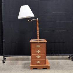 Honey Wood End Table with Integrated Lamp and Storage Cabinet