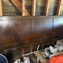 WALNUT WOOD KING HEADBOARD AND METAL BED FRAME