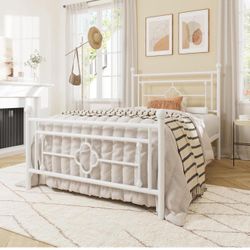 Twin Size Metal Platform Bed Frame with Victorian Vintage white  Z-7