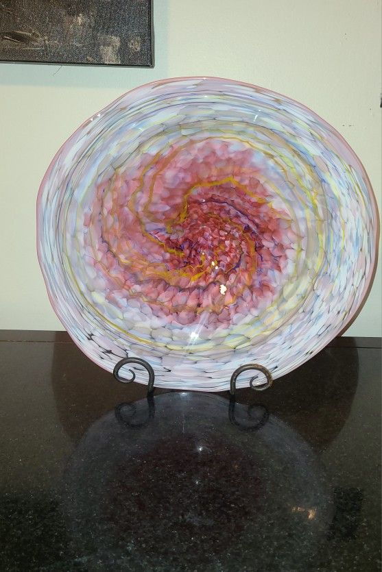 Signed Murano Art Glass Bowl – Swirled Pink, White, Yellow & Lavender – Venetian Masterwork