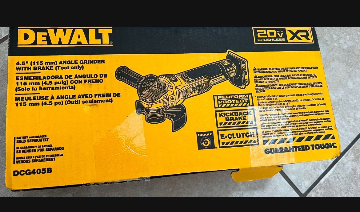 DEWALT 20V MAX* XR Angle Grinder with Kickback Brake, Slide Switch, 4-1/2-Inch, Tool Only (DCG405B)