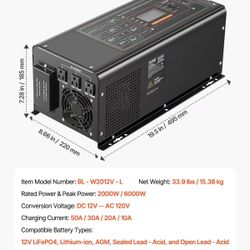 Pure Sine Wave Inverter Charger, 2000 Watt, DC 12V to AC 120V Power Inverter with LCD Display, Remote Control, Solar Inverter for Off-Grid Solar RV Bo