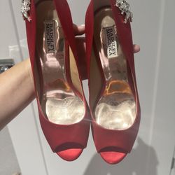 Badgley Mischka Designer Red High Heels With Crystals 