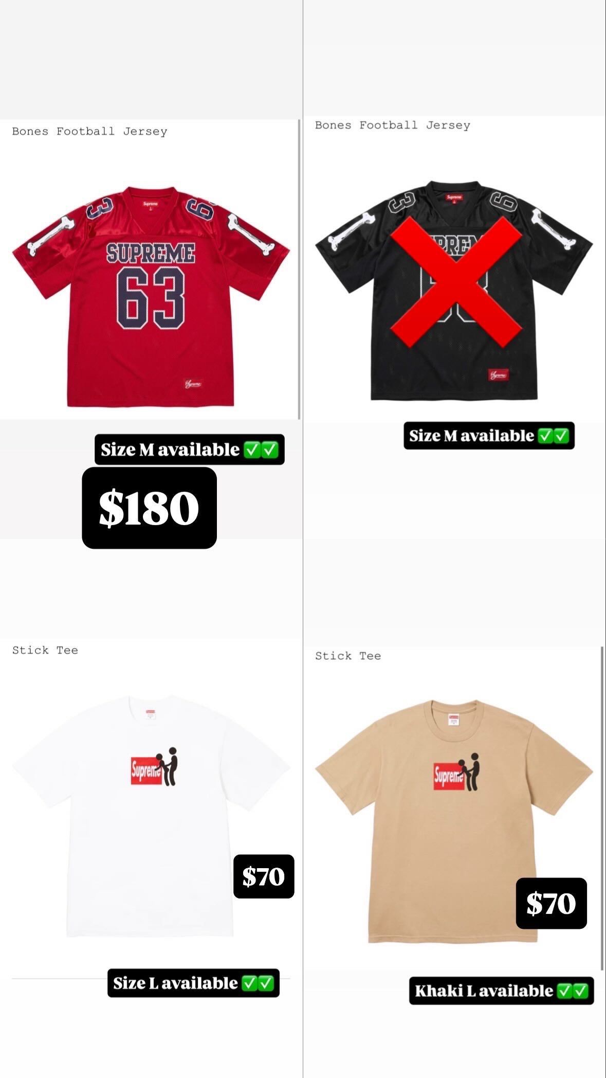 Supreme FW 25 Week 1 Bones Football Jersey, Stick Tee, Denim Backpack, Spellout Embroidered, Studded Shadow Plaid