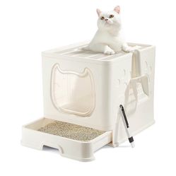 Cat Litter Box with Lid, Covered Top Entry Kitten Litter Pan for Small and Medium Cats, Anti-Splashing Kitty Potty with Slide-Out Litter Tray