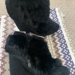 ASH Designer Black Fur Ankle Wedge Boots Sz 8 