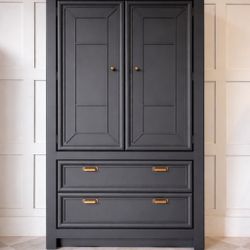 Stunning Black Armoire / Tall Chest – Drawers + Shelves