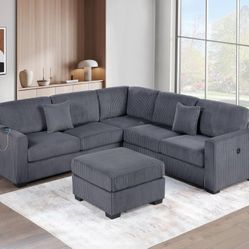 Brand New Grey Corduroy Sectional Sofa w Ottoman 