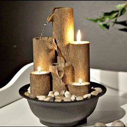 Indoor Tabletop Tiered Water Fountain Featuring 3 Candles for Desktop and Table, 11",