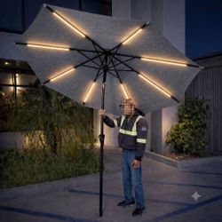 NEW Patio Umbrella With Solar LED Lights 9 Foot Outdoor Umbrella Tilt Adjustable