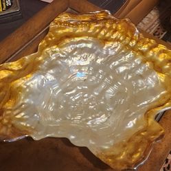 AKCAM Ivory And Golden Natural Shell Tones Decorative Bowl Turkey Luster Glass 15" X12"