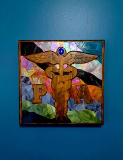 Square, custom-made Carved Wooden Caduceus Stained Glass Tiles 14"×14"