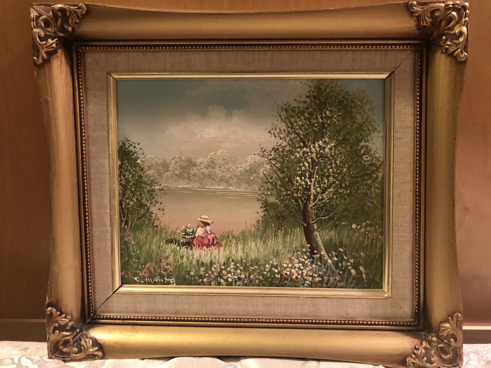 Wood - Framed oil painting on canvas of a girl by a lake