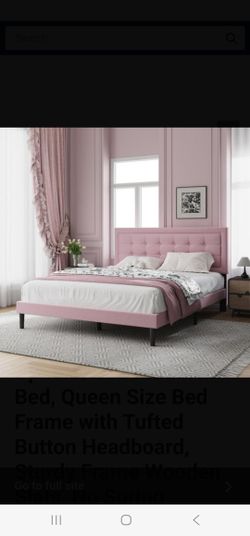 IOILORI Queen Size Upholstered Platform Bed, Queen Size Bed Frame with Tufted Button Headboard, Sturdy Frame Wooden Slats, No Spring Mattress Required