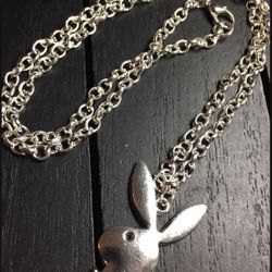 Shiny Silver Necklace with Antique Silver Playboy Bunny Pendant (FREE GIFT! pictured last)