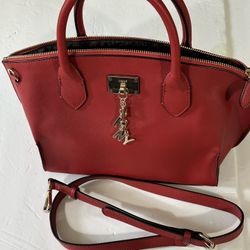 New DKNY Burgundy Cleo Vegan Leather Satchel/Shoulder/Crossbody 9X13X5 Logo Letters Dangling Pockets