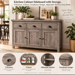 Kitchen Cabinet Sideboard with Storage, 3 Drawers, 3 Doors, Farmhouse Design, Retro Handle, Adjustable Shelves, Grey Wash
