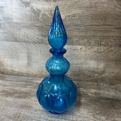 VTG MCM Empoli Blue Art Glass Genie Bottle Decanter with flame stopper