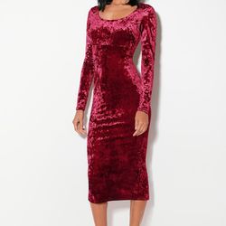 Cherish Me Wine Red Velvet Long Sleeve Bodycon Midi Dress