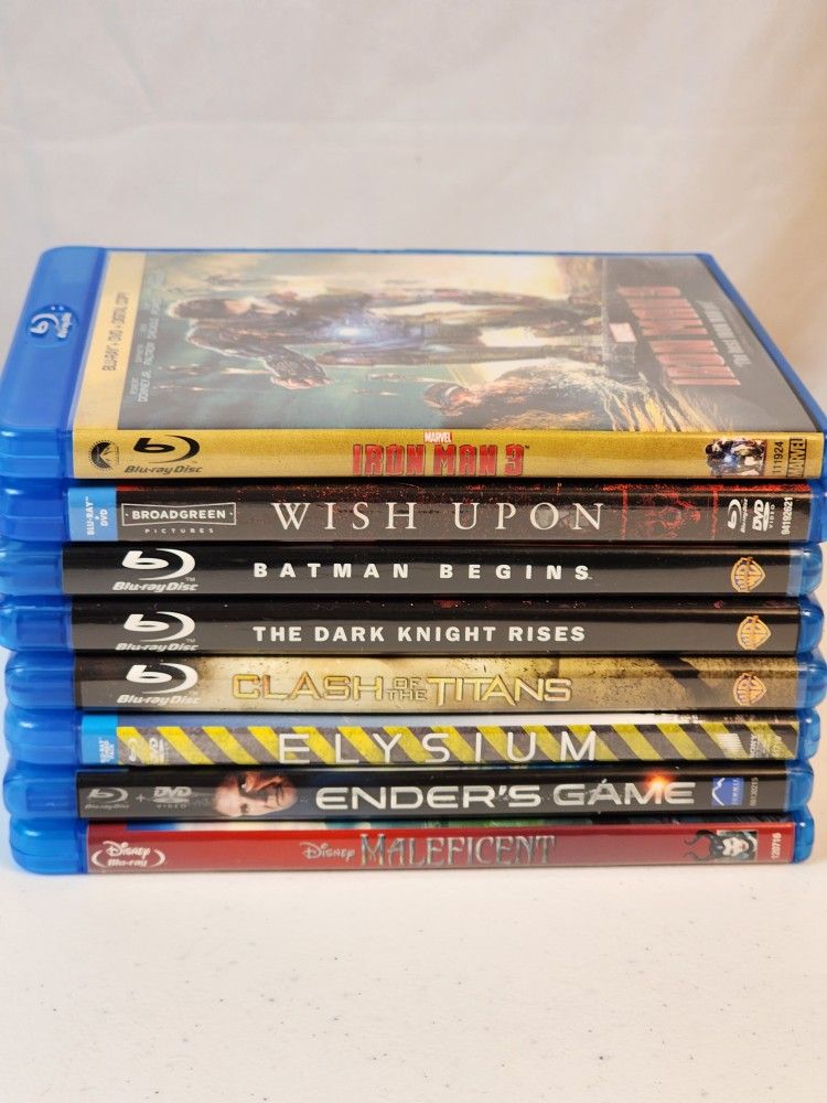 Lot of 8 Blu Ray & DVD Disc Combo Action Movies. Wish Upon, Ironman 3, Enders Game, Elysium, Clash of the Titans, The Dark Knight Rises, Batman Begins