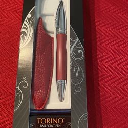 Aldo Domani Torino Red/Silver Ballpoint Pen w/ Red Leather Pouch Gift Set In Presentation Box