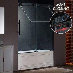 BSDC6062-BL  WOODBRIDGE Frameless Single Sliding Shower Doors in Matte Black Finish, 57.5-60" Width x 62"Height with 3/8"(10mm) Clear Tempered Glass, 