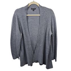 Eileen Fisher Sweater Womens L Blue Wool Blend Knit Cardigan Open Long Sleeve