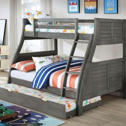 Brand New Grey Twin Over Full Bunk Bed (Trundle Sold Separately)