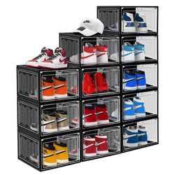 Stackable Large Shoe Containers Shoe Storage Box with Hard Plastic Drop Front for Sneakers (Black Set of 12)