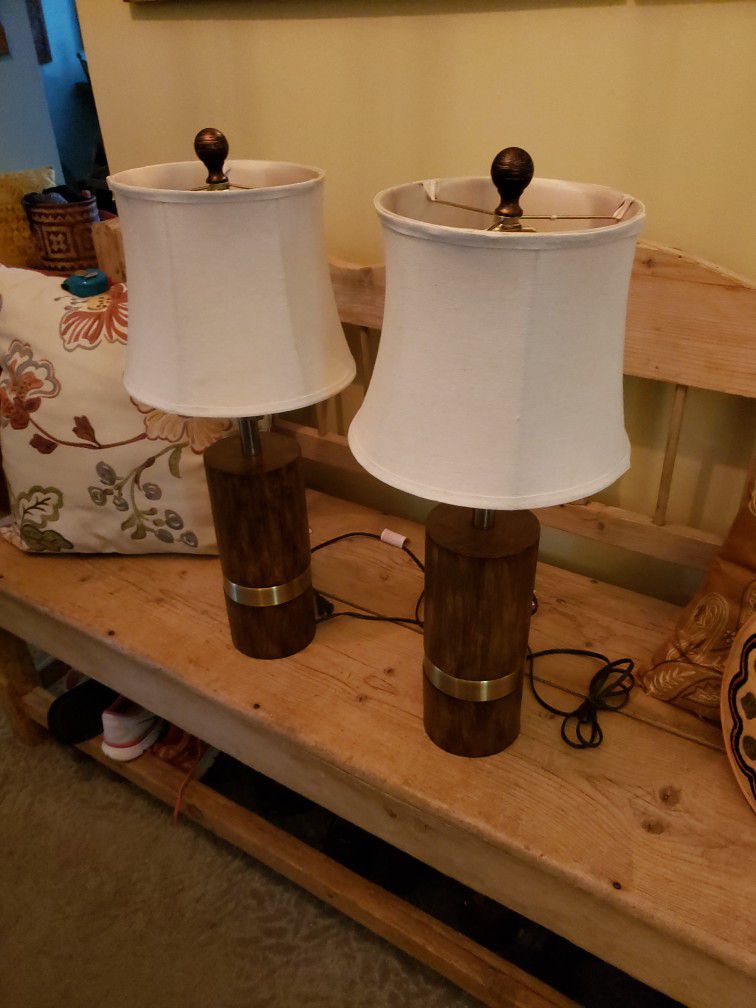 Pair Of Wood & Brass Lamps