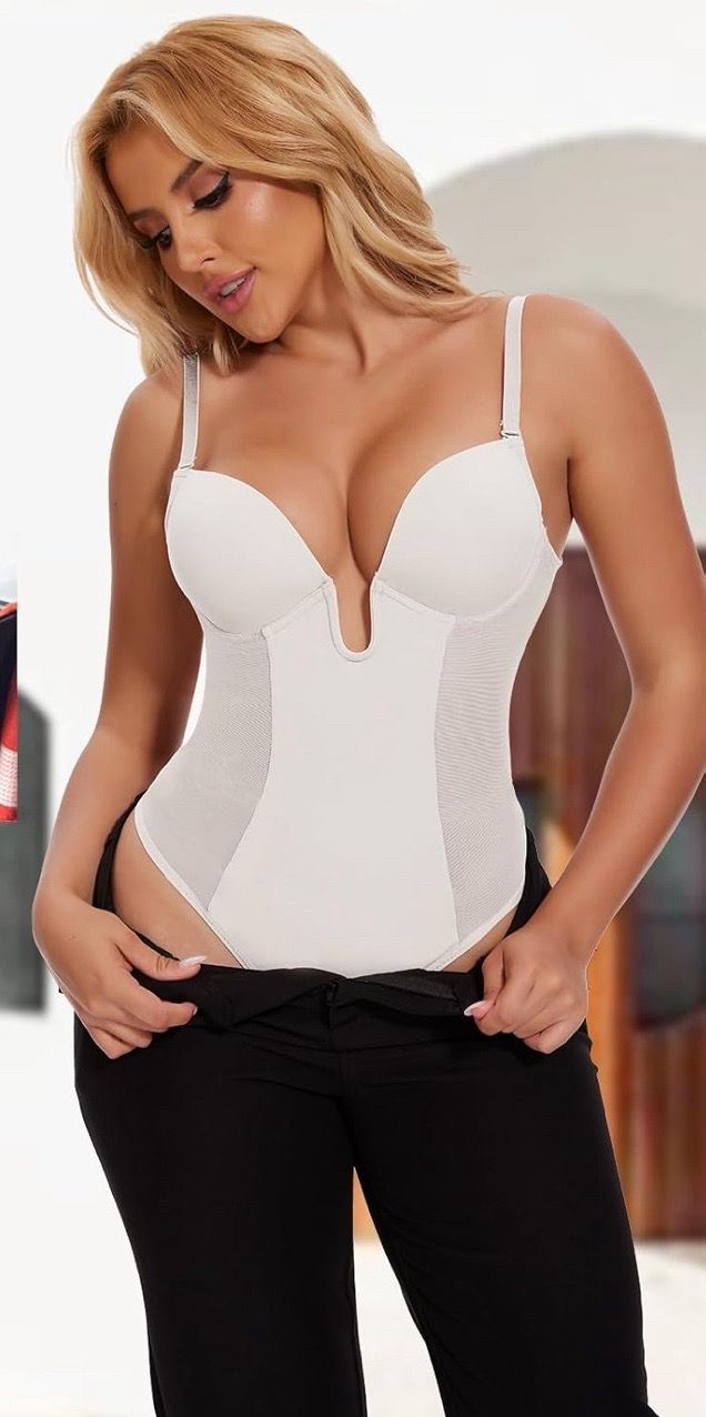 MEDIUM WHITE Shapewear Bodysuit with Built in Bra for Women Tummy Control Shapewear Plunge Bodysuits Backless Body Shaper