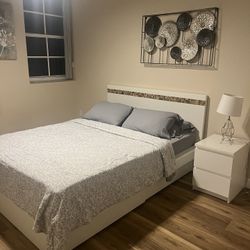 Queen Bed With Mattress  And Night Stand And Wall Frame
