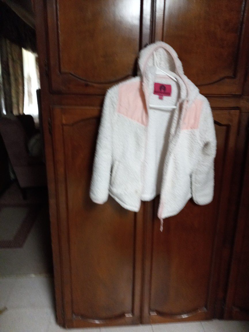 Jacket..hooded.girls..white..pink.M.10-12)