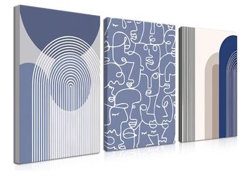 Abstract Wall Art Set of 3 - Modern Navy Blue Wall Decor Neutral Boho Oil Painting Lines Canvas Artwork Posters Prints Framed 16×24 Inch for Living Ro