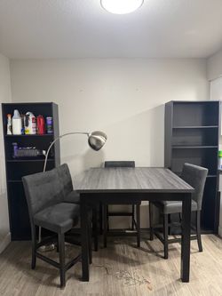 Dining table, Shelves, and Lamp