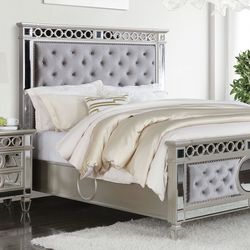 Only Available In Size Queen Brand New In Box Firm Price $880 Bed Frame ONLY Grey Velvet Faux Crystal Tufting Mirrored Accent