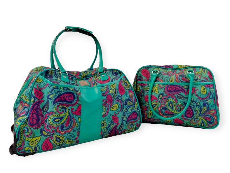 2 Piece Luggage Set New Directions Turquoise Paisley Carry On Baggage Rolling
