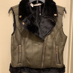 Faux Plush Fur and Leather Zipper  Vest Jacket