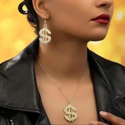 Trendy & Hip Dollar Signs Gold Tone Necklace & Earrings Set