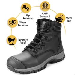 Work Boots for Men, Side Zipper Steel Toe Shoes, Water-Resistant, Non-Slip, Puncture-Proof