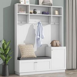 NEW White Modern White Freestanding Hall Tree with Cushioned Storage Bench, 3-Hooks and Shelves