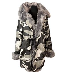 Winter Jacket Camouflage Hooded Fur Collar Warm Thick Coat Long Parka XL