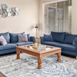 Set Of 2 Blue Sofa Couches 