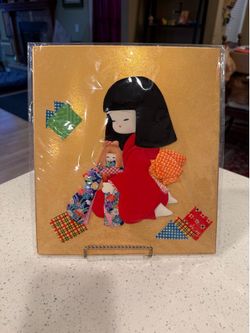 Vintage Japanese Oshie Fabric Relief Art by Hisayo, dated October 24, 1989.